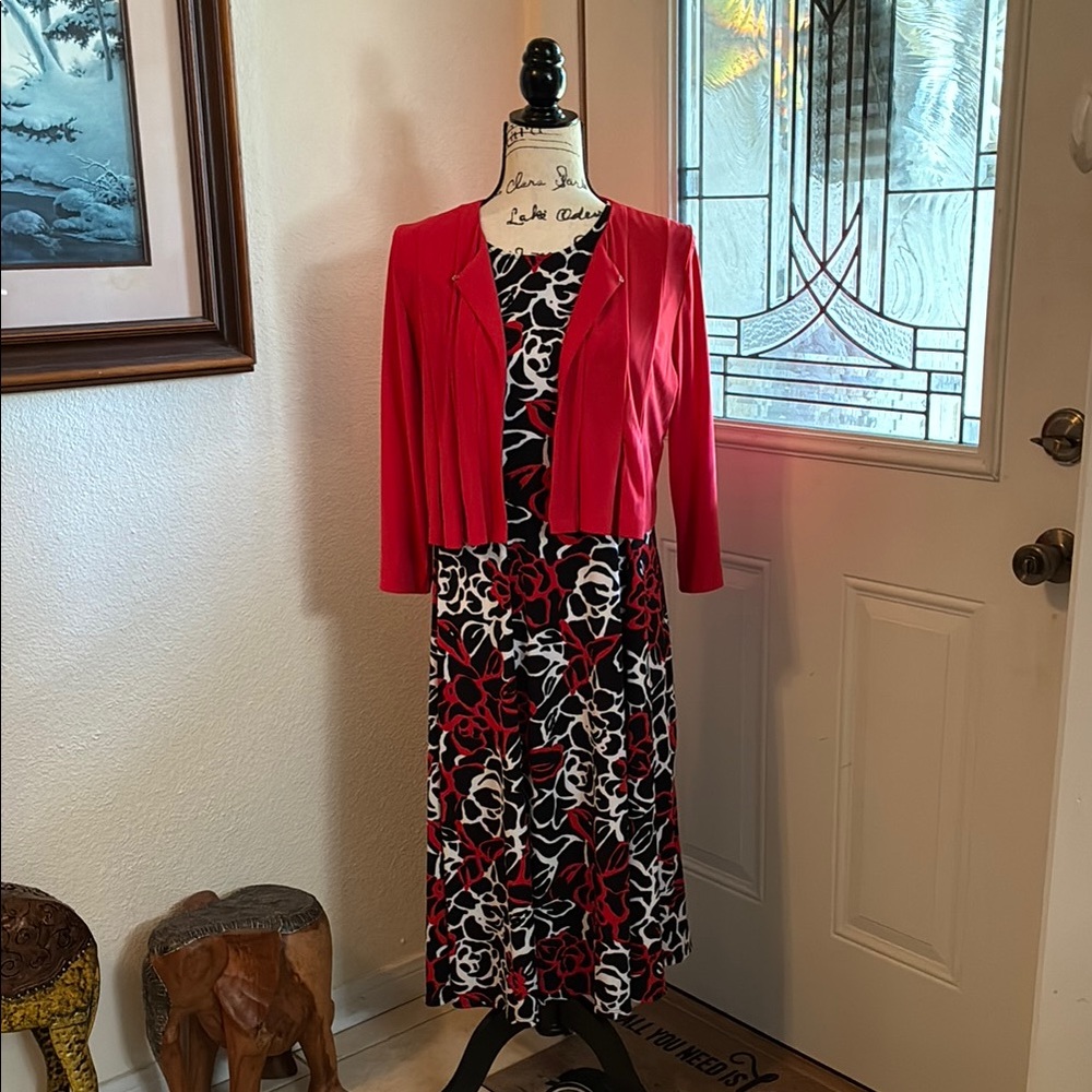 Danny & Nicole-Red and Black Floral Dress with Jacket, Sz Med, Only worn once - Picture 1 of 5